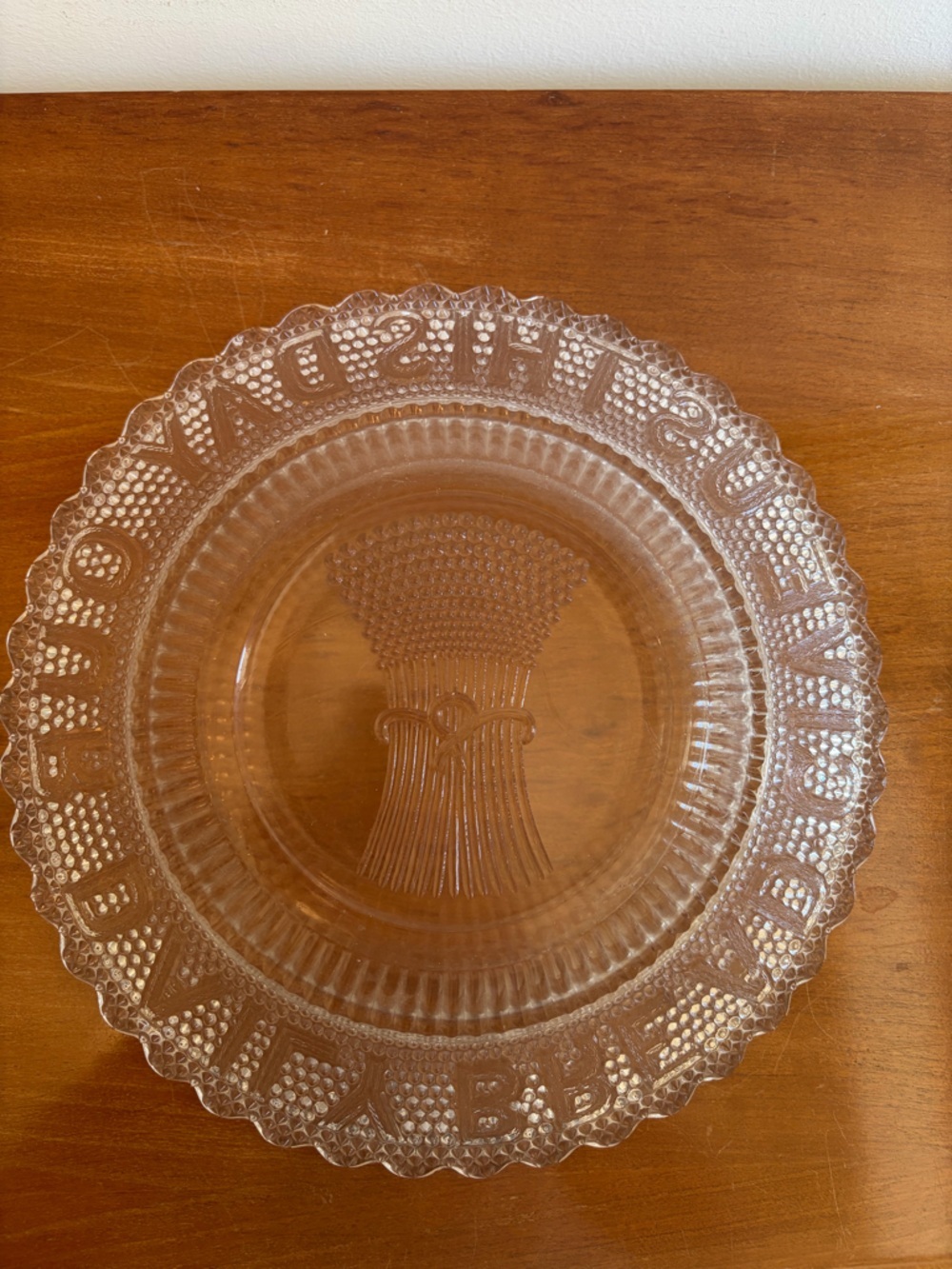 Pressed Glass Plate with Raised Harvest Motif and Give Us Our Daily Bread - Picture 2 of 2
